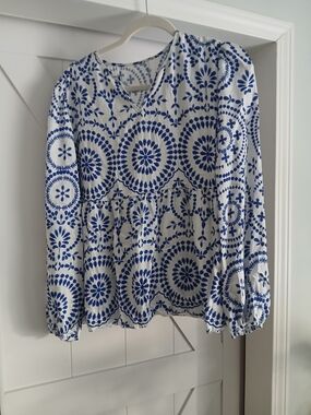 Blue and White Printed Peasant Blouse - Relaxed Women’s Top